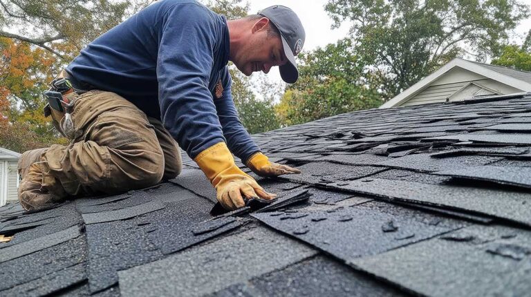 A worker examines damaged asphalt shingles on a residential sloped roof during sunny weather.