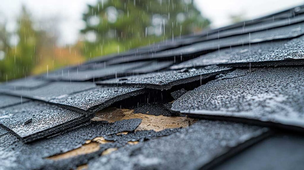 A roofing professional carefully examines asphalt shingles on a pitched residential roof.