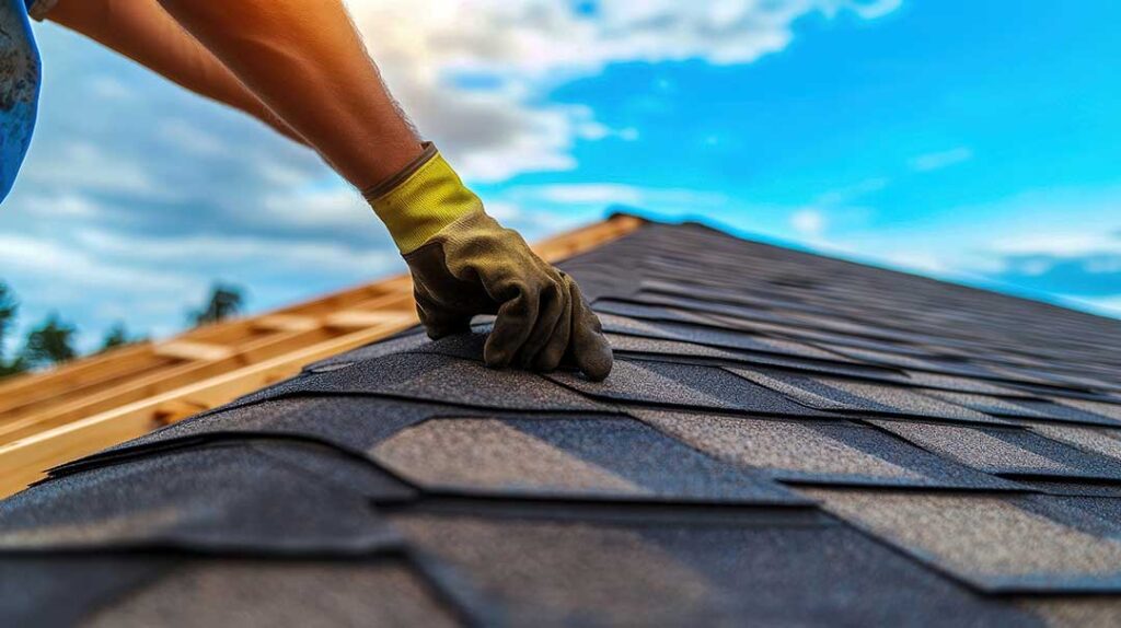 A person examining roof shingles next to a ladder with snow visible along the roof edge.