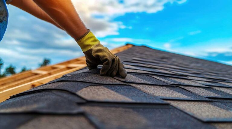A person examining roof shingles next to a ladder with snow visible along the roof edge.