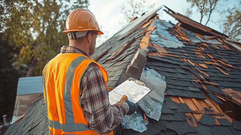 Sunlight falls across an asphalt shingle roof while loose granules collect in a nearby gutter.